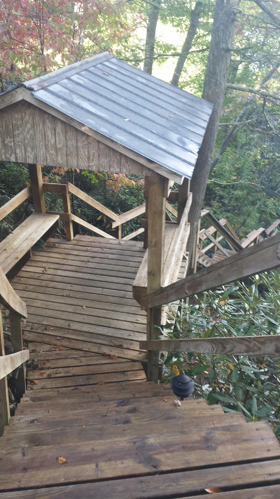 Metal roofed shelter over wooden steps on a wooded walkway — Skylight Repair & Installation work by our crew in Molina